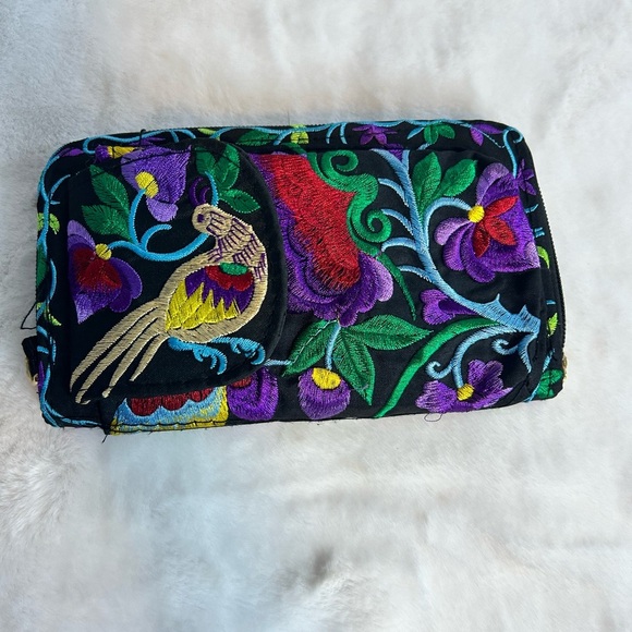 Handbags - Embroidered Parrot Floral Black Zip Wallet Boho Colorful Coin Purse Clutch